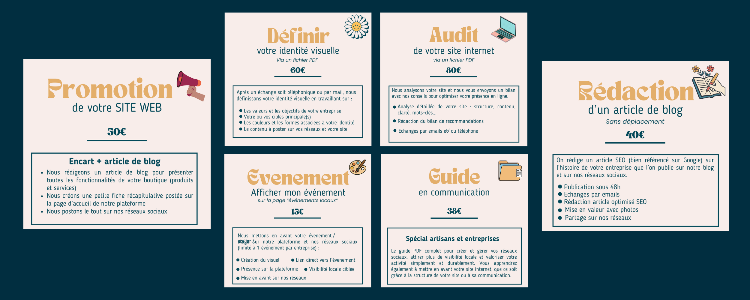 Article de blog, Audit de site web, Guide en communication, Evénement, identité visuelle
